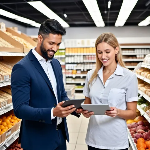 Prompt: Sales Representative standing in food store, holding a tablet, disscusing with shop owner