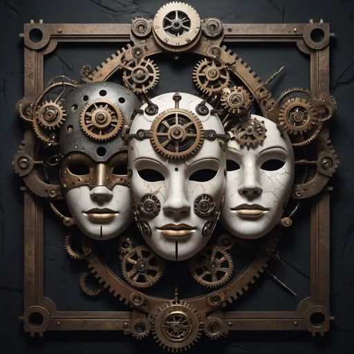 Prompt: A surreal digital artwork featuring two intertwined abstract masks, one of which features complex mechanical elements with steampunk elements. The masks feature unique features such as gears and antennas, set against a textured dark background reminiscent of old stone, evoking a mysterious and otherworldly atmosphere. Hyperrealistic, 4k, shot on 34mm lens, professional photography, background blurred, f:2.4, several children, Europeans, Slavs in the frame