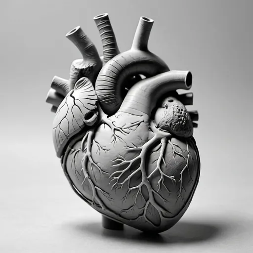 Prompt: A detailed human heart diagram realistic black and white out of clay 