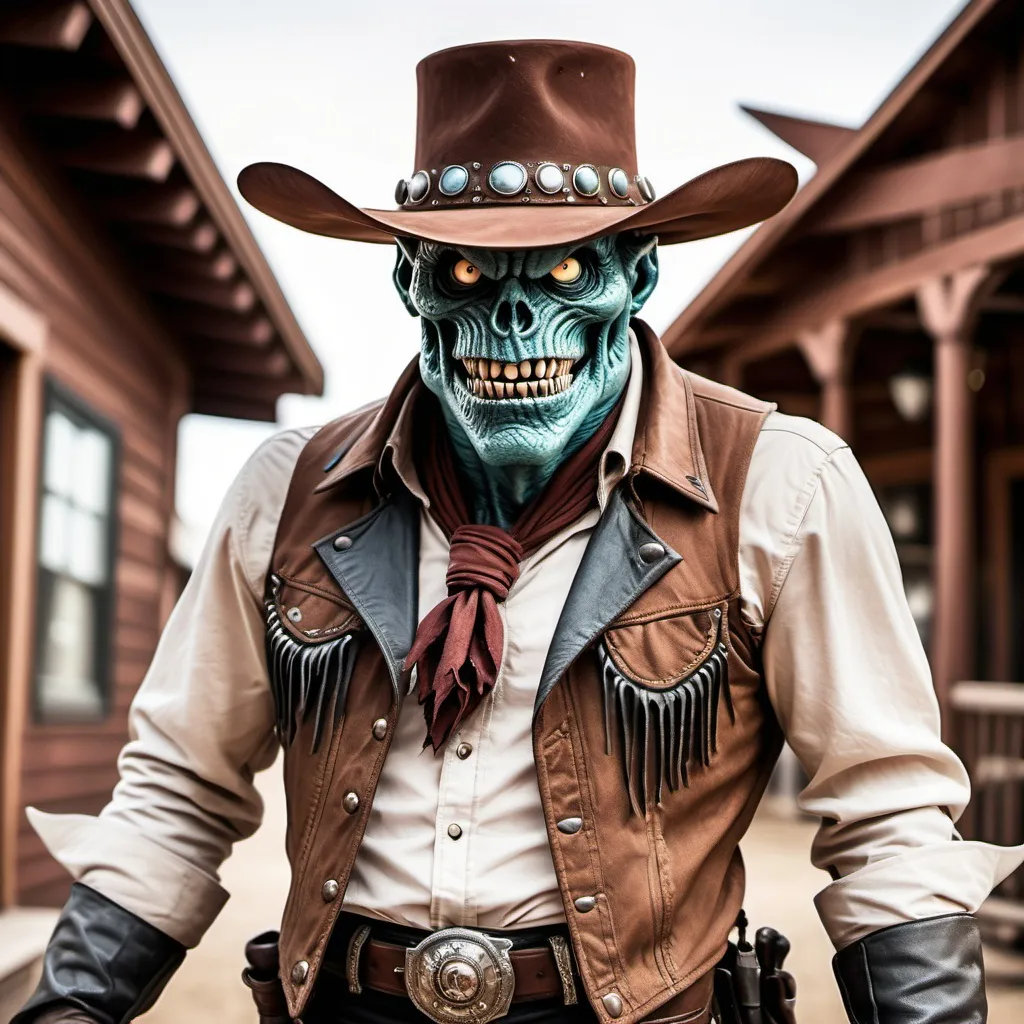 Prompt: A monster wearing a western movie outfit 
