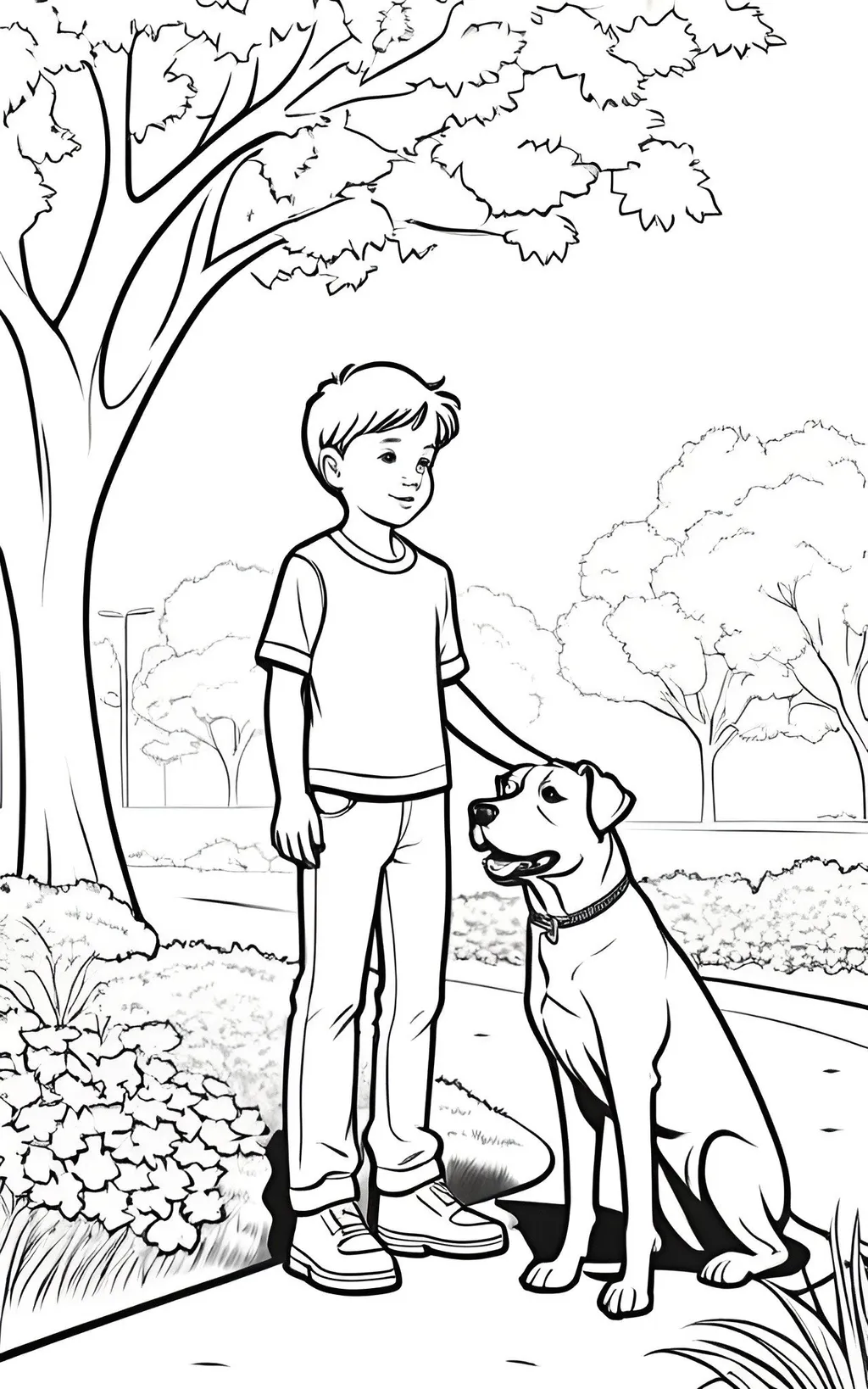 Prompt: B&W coloring book page, boy with his dog in the park, line art, solid white background