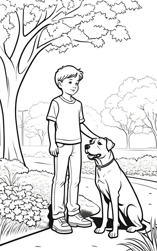 Prompt: B&W coloring book page, boy with his dog in the park, line art, solid white background