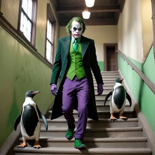 Prompt: The joker with a black coat and green tie, walking up a flight of stairs within an old building.  He is being following by two penguins.