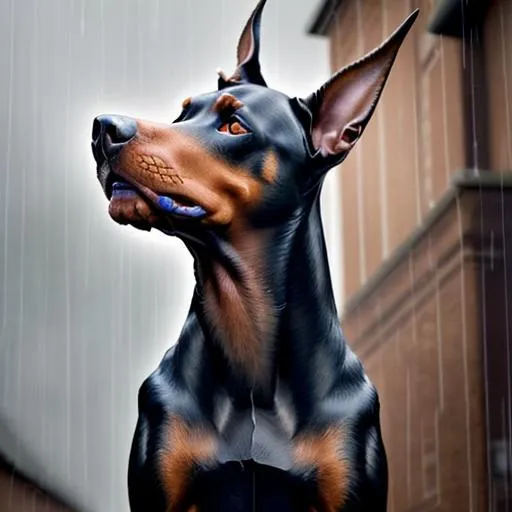 Prompt: The face of male european doberman pinscher with its ears pointed up, looking up in the rain.  