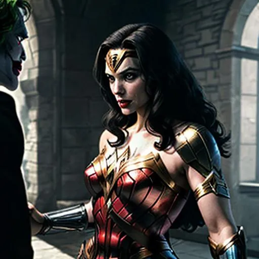 Prompt: Wonder woman facing off against the joker from batman within a castle.  