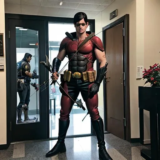Prompt: Robin from batman comics coming the front doors/lobby of a building.  He has a crossbow in his right hand.