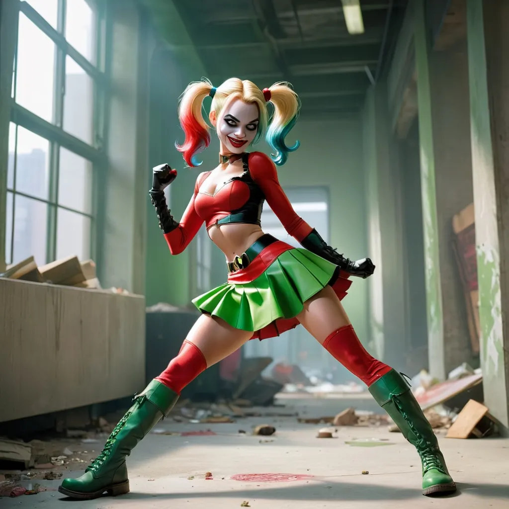 Prompt: Harley Quinn of DC comics wearing a short red skirt and green boots when she is fighting batman and robin in a building