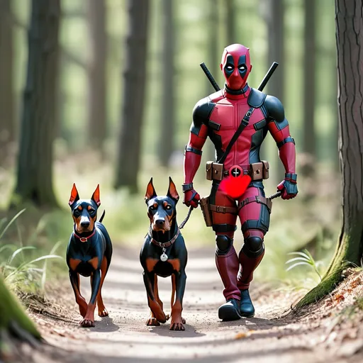 Prompt: Deadpool being followed by a male european doberman pinscher.  It is a sunny day waling within a woods environment.  