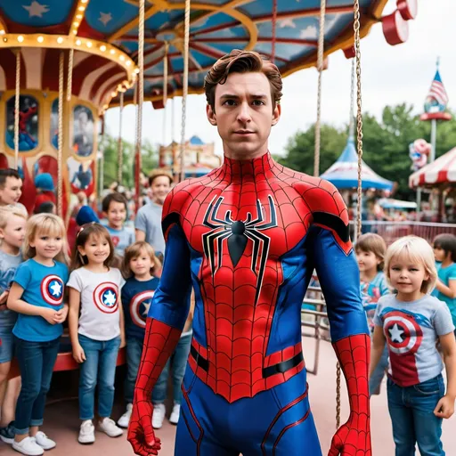 Prompt: spiderman at an amusement park with a merry go round behind him.  He is surrounded by small children each wearing captain america shirts.  
