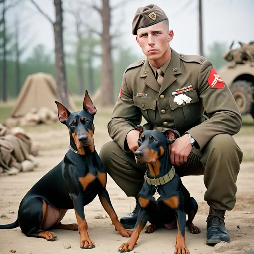 Prompt: U.S. Marine soldier sitting with a male european male doberman pinscher in a war setting.  