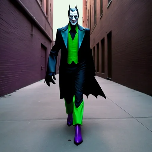 Prompt: A sleek black doberman following the joker from batman as he walks down the alley.  The joker is wearing dark purple pants, with a green jacket.  