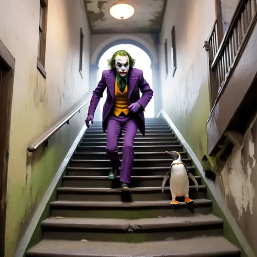 Prompt: The joker walking up a flight of stairs within an old building.  He is being following by two penguins.
