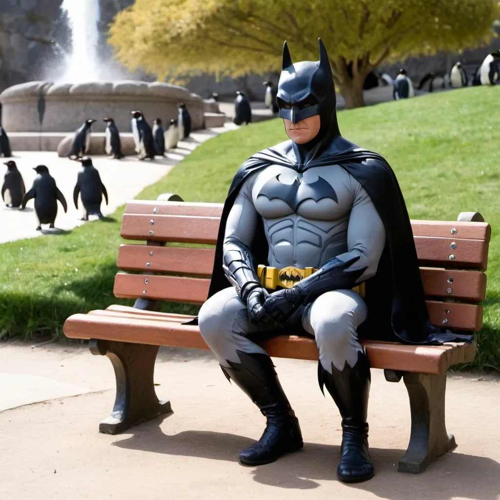 Prompt: Robin is sitting on a park bench next to batman.  It is within a public park with penguins all around them.  The have food for the penguins.  