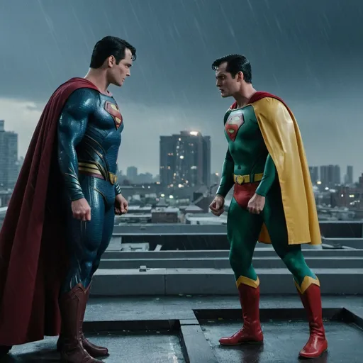 Prompt: superman is facing off against robin on a rooftop.  The background is grey with lightnight.  It is also raining