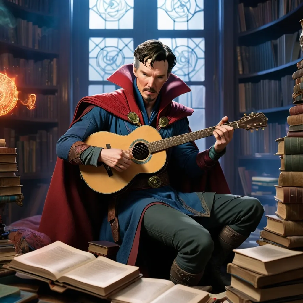 Prompt: Doctor Strange playing guitar within his private study surrounded by spell books.

