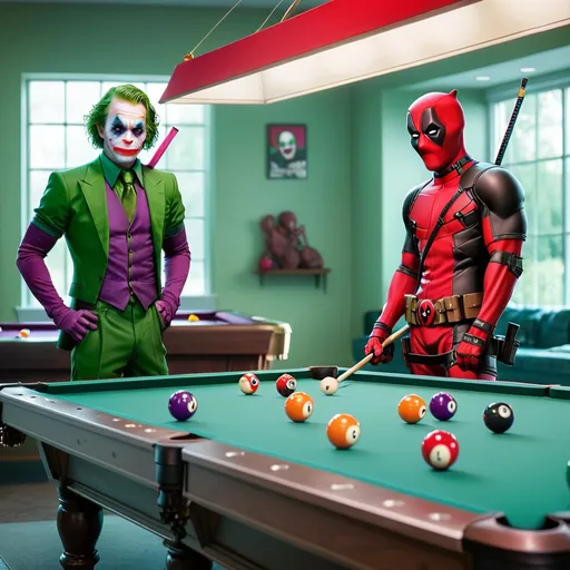 Prompt: The joker playing billiards with Deadpool.  Both persons are visible around a pool table which has a red top.  

