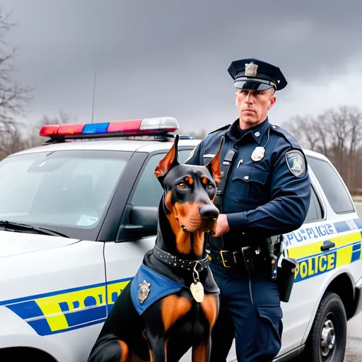 Prompt: A police officer with a European Male Doberman Pinscher outside of his police officer vehicle.  It is raning with a gray sky