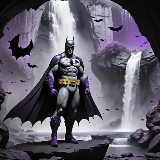 Prompt: Batman waling around the batcave.  He is surrounded by bats.  There is a waterfall in the background.  It is gray and purple.
