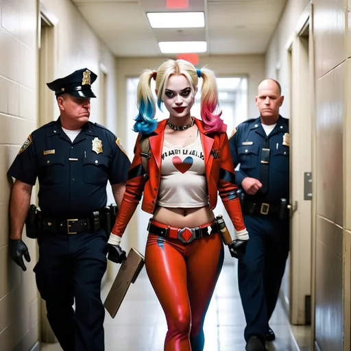 Prompt: Harley Quinn of DC comics being escorted into a jail cell by U.S. Federal Marshalls