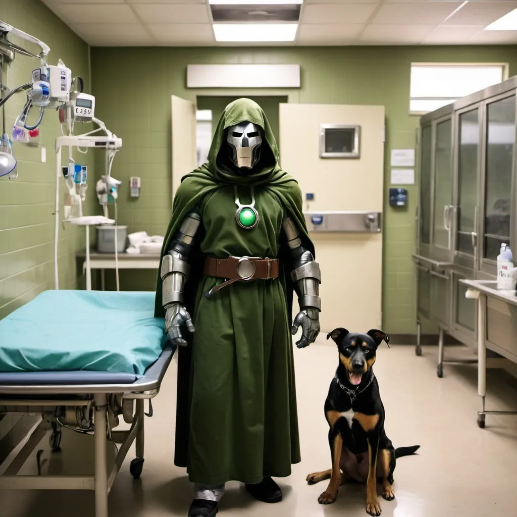 Prompt: Dr. Doom at a dog shelter.  It is within an operating room.  
