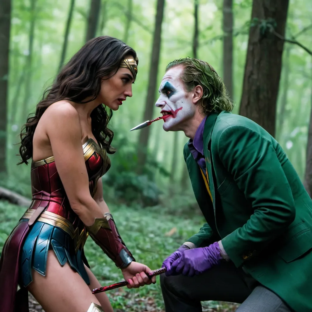 Prompt: The joker facing off against wonder woman within the woods.  The joker has a crowbar in his right hand.  Wonder woman is on her knees bleeding from the mouth.  