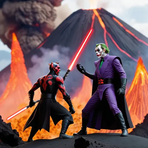 Prompt: Darth Maul facing off against the joker with a volcano in the background
