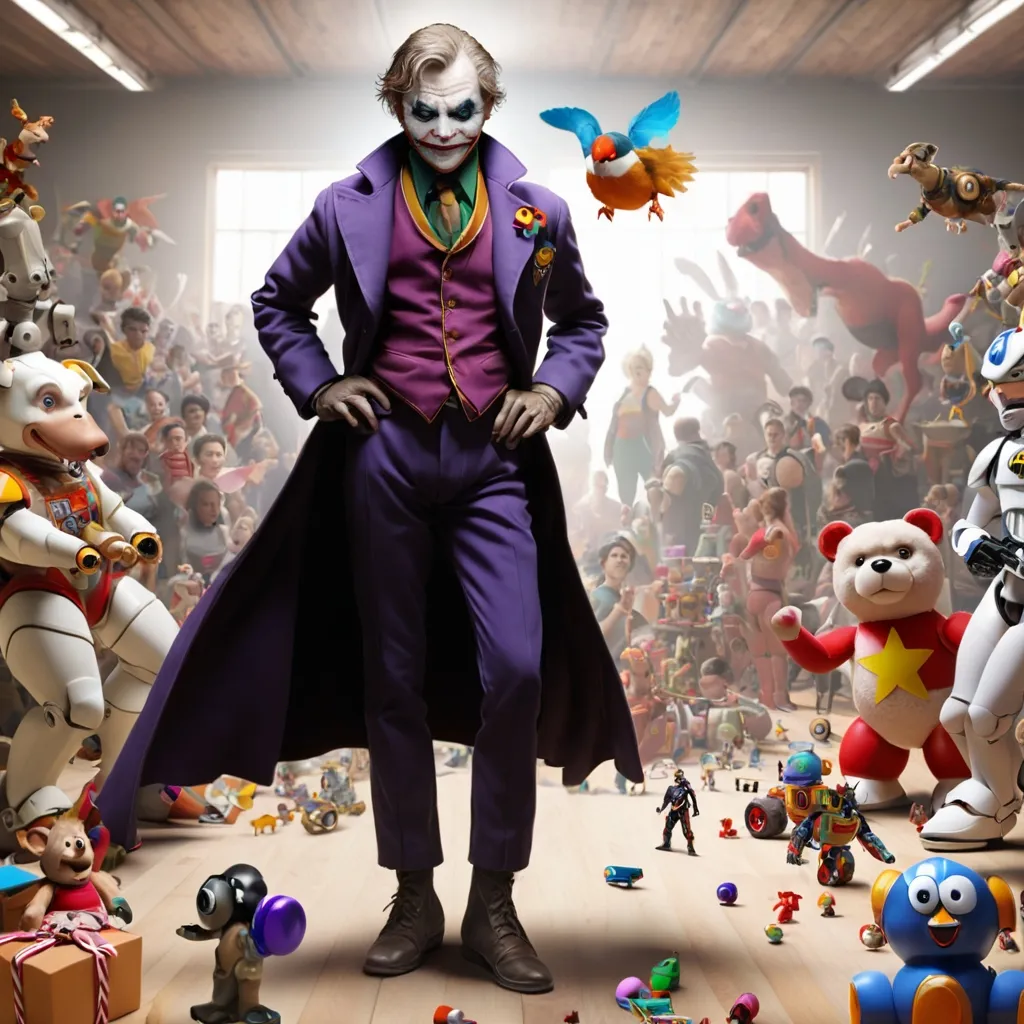 Prompt: The joker from batman surrounded by a large group of toys he made in a wharhouse setting.  Robin is entering the room.