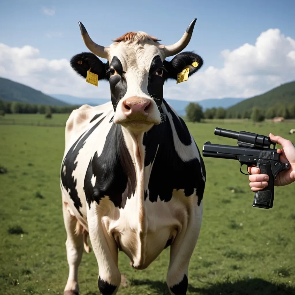 Prompt: cow holding gun