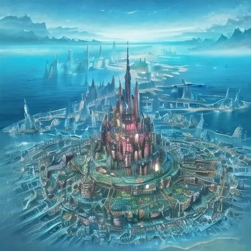 Prompt: massive fantasy city by the sea