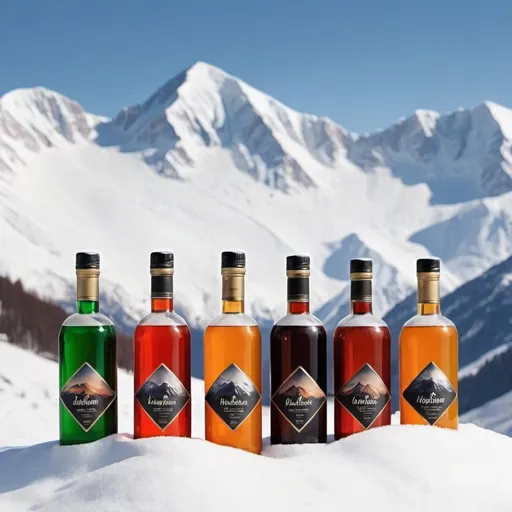 Prompt: Beautiful snow mountains with bottles of alcoholic beverages