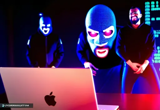 Prompt: (idyllic scene of a computer hacker), (dressed as malware), grinning maliciously while typing on a laptop, (two cyber security officers) smiling and preparing to intervene in the background, (highly detailed) setting with glowing circuit patterns and digital overlays, vibrant color tones with a (dark, suspenseful) atmosphere, (4K ultra-detailed), portraying a tense but playful cybersecurity encounter.