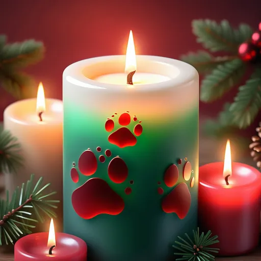 Prompt: (glowing candle), warm ambiance, soft flickering light, (translucent blurred background), Christmas colors, rich reds and greens, soothing and gentle atmosphere, ideal for memorial service for pets, inviting and comforting vibe, calming effect, perfect for social media ad, high quality, ultra-detailed, designed for heartfelt remembrance. include pawprints on candle
