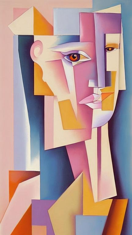 Prompt:  Cubist Painting of woman, Wall Decor Cubism Art. Shades of pastel pink, pastel, orange, pastel cream, pastel khaki