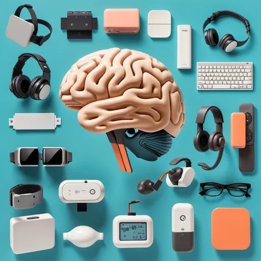 Prompt: A collage of cognitive devices/products geared to enhance brain peformance.

