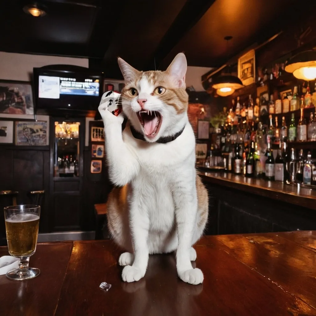 Prompt: a cat at a bar and yelling at the phone

