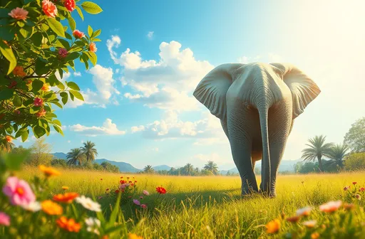 Prompt: (realism style), (warm color scheme), blooming and wide landscape, open sky lush greenery, vibrant flowers, majestic white elephant seen from behind, soft sunlight filtering through leaves, tranquil atmosphere, gentle breeze rustling flowers,