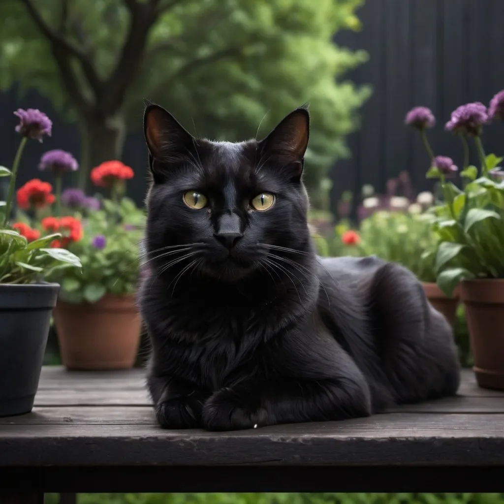 Prompt: A black cat resting on a dark wood table, watching a garden  at 7pm. In an artistic way.