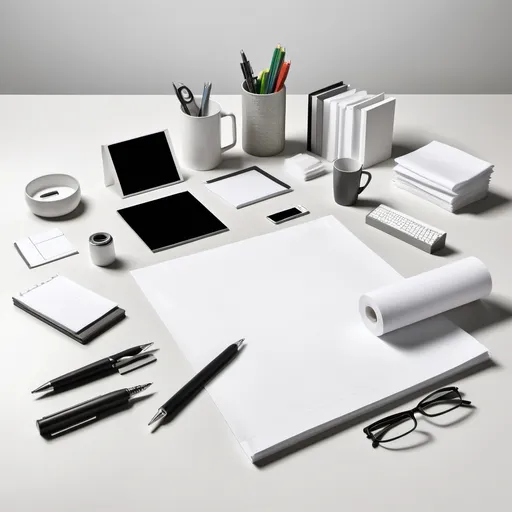 Prompt: a group of different types of office supplies on a table top with a white sheet behind it and a white sheet behind it, Andries Stock, assemblage, product photography, a 3D render