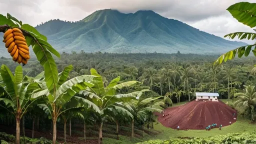 Prompt: Large cocoa plantation, second angle photo, there are farmers collecting cocoa fruits.
Behind is a mountain.