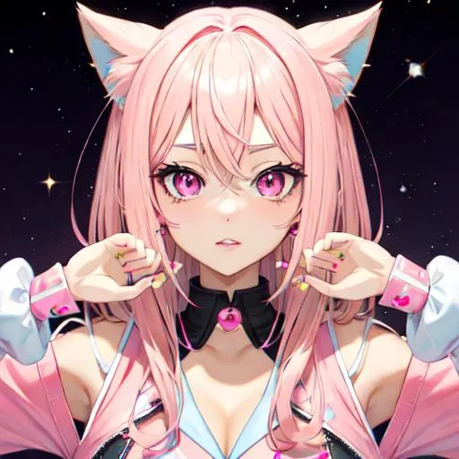 Prompt: make a gyaru girl with pink nails pink hair and pink eyes that look like stars