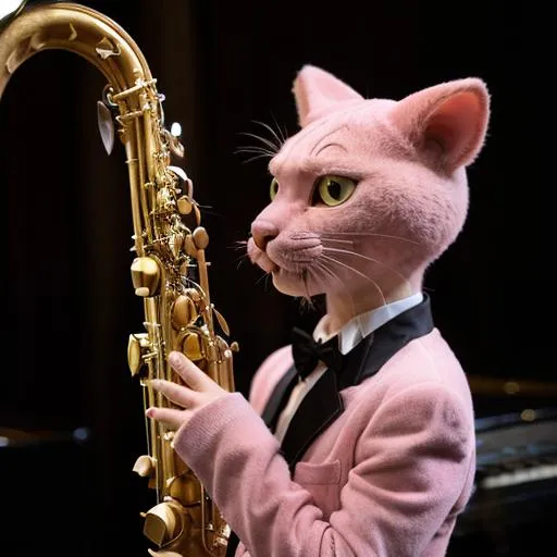 Prompt: Pink panther playing saxophone 