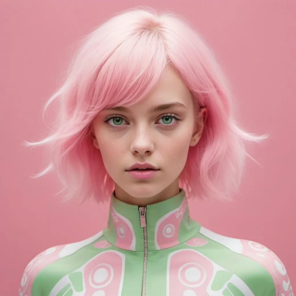 Prompt: "Une fille avec un visage doux et des yeux verts grands, des cheveux roses courts en carré. Elle porte une combinaison futuriste rose et blanche, avec des motifs stylisés. Elle se trouve dans un environnement virtuel avec des éléments technologiques. Elle a une posture confiante et déterminée."
