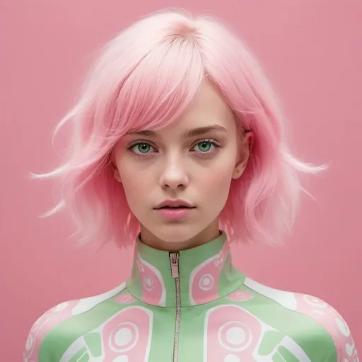 Prompt: "Une fille avec un visage doux et des yeux verts grands, des cheveux roses courts en carré. Elle porte une combinaison futuriste rose et blanche, avec des motifs stylisés. Elle se trouve dans un environnement virtuel avec des éléments technologiques. Elle a une posture confiante et déterminée."
