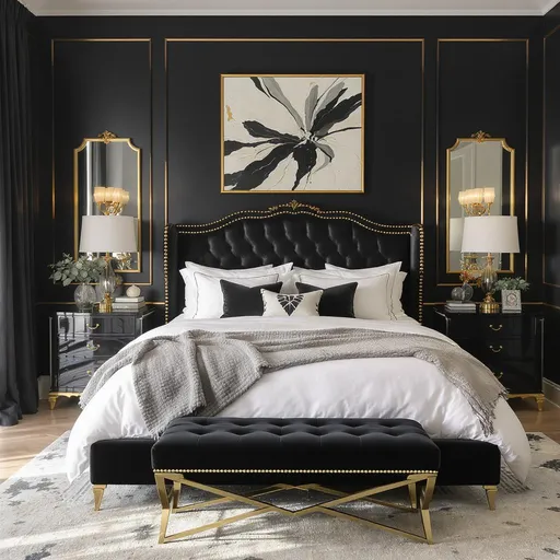 Prompt: Master bedroom with black and gold accents 
