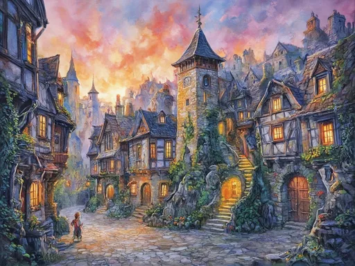 Prompt: watercolor, colorful 16th century town, vibrant dawn, bustling town square, six quaint houses and an elegant temple, in the center of the square is a  spiral staircase into an underground dungeon, a bit of glowing mystical roots intertwining, mystical atmosphere, intricate details, cinematic lighting casting soft hues, enchanting fantasy scene, high quality, ultra-detailed illustration