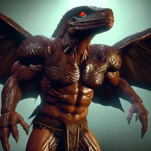 Prompt: a winged creature that looks like a dinosaur humanoid and is muscular also make it so that the creature is wearing a loincloth with leather straps over his body.