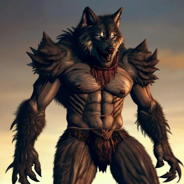 Prompt: a werewolf creature that looks like a wolf humanoid and is muscular also make it so that the creature is wearing a loincloth with leather straps over his body. This creature has an adorable face.