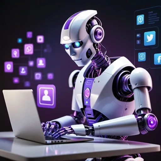 Prompt: Create a realistic image of a robot working on a laptop with light effects that highlight the robot and give it a modern and technological look by combining blue and purple colors and social media icons.