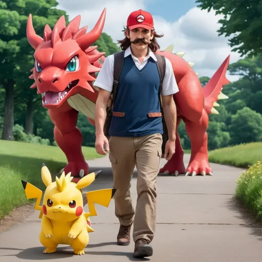 Prompt: within the pokemon universe, a pokemon trainer with a brown mullet and moustache, is walking with his pokemon that looks like a welsh dragon