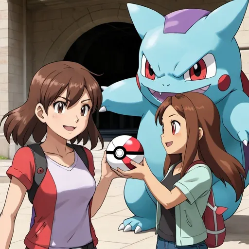 Prompt: A female, brown haired pokemon trainer throwing a pokeball stood next to gengar and squirtle